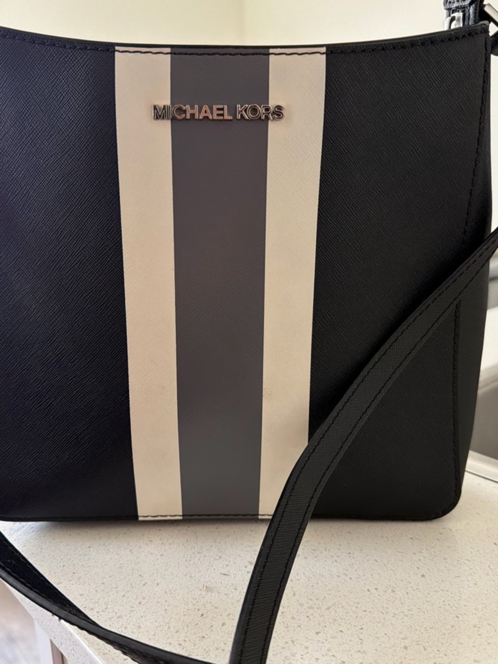 Michael Kors Black Crossbody Messenger with White & Gray Stripe